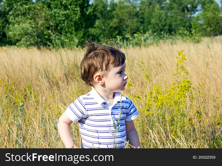 Photo in sideview. Child on a meadow an attentive look