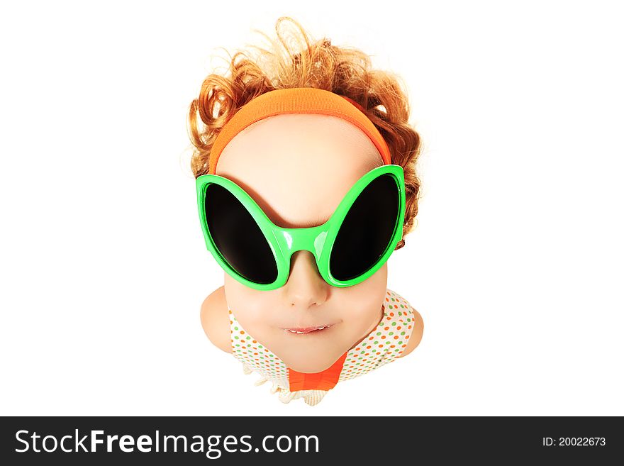Portrait of a funny girl in futuristic sunglasses. Isolated over white.