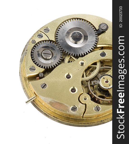Clockwork mechanism close up, separated white background. Clockwork mechanism close up, separated white background