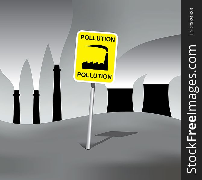 Contaminated nature with pollution sign and plants in background