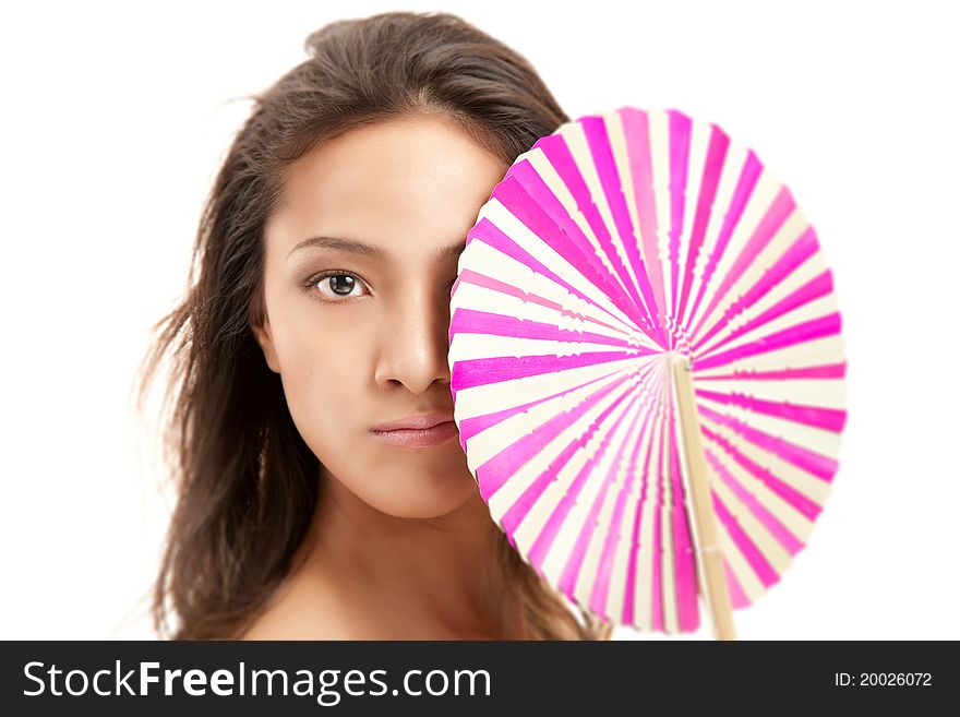 Beautiful Asian Womanwith Colorful Fan isolated on white background. Beautiful Asian Womanwith Colorful Fan isolated on white background