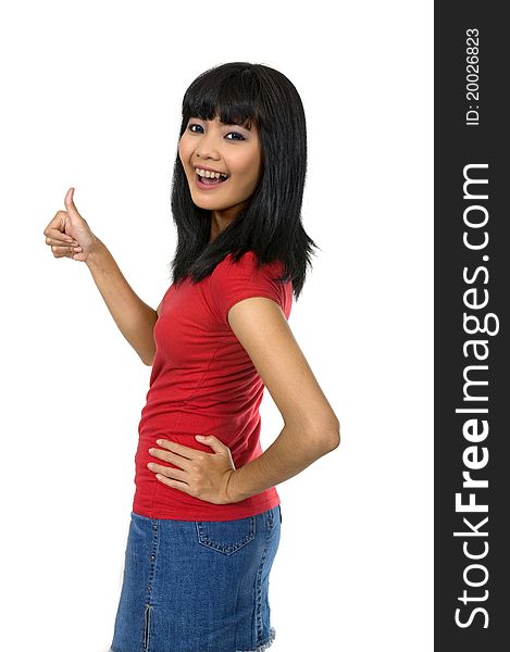 Asian woman give thumb wearing red shirt, isolated over white background