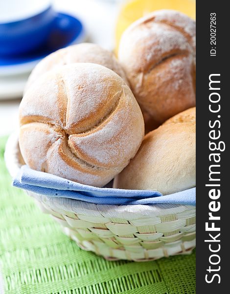 Fresh bread rolls in a breadbasket
