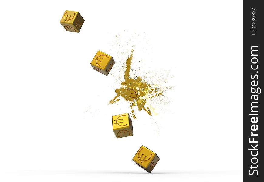 3d illustration of golden euro dice exploding on white background. 3d illustration of golden euro dice exploding on white background