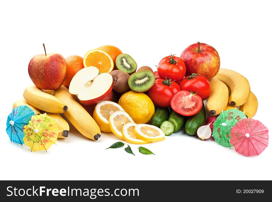 Fresh fruits and vegetables isolated on a white background