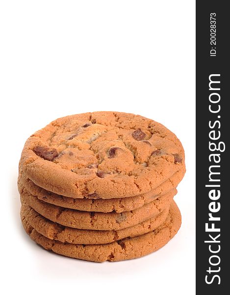 Photograph of chocolate chip cookies shot in studio and isolated on white