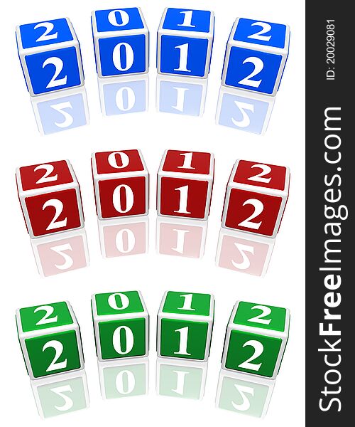3d blue, red and green cubes with white figures with text 2012. 3d blue, red and green cubes with white figures with text 2012