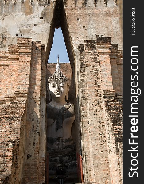 Ancient buddha image statue at Wat Sri Chum Sukhothai historical park Sukhothai province Thailand