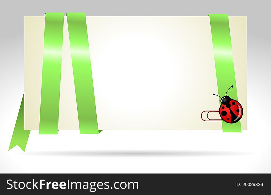 Illustration with card, green ribbon and ladybird