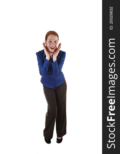 A pretty red-haired woman in dress pants and a blue blouse standing
in the studio and has really fun, for white background. A pretty red-haired woman in dress pants and a blue blouse standing
in the studio and has really fun, for white background.