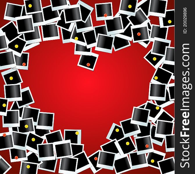 Illustration of heart made from photos on red bg