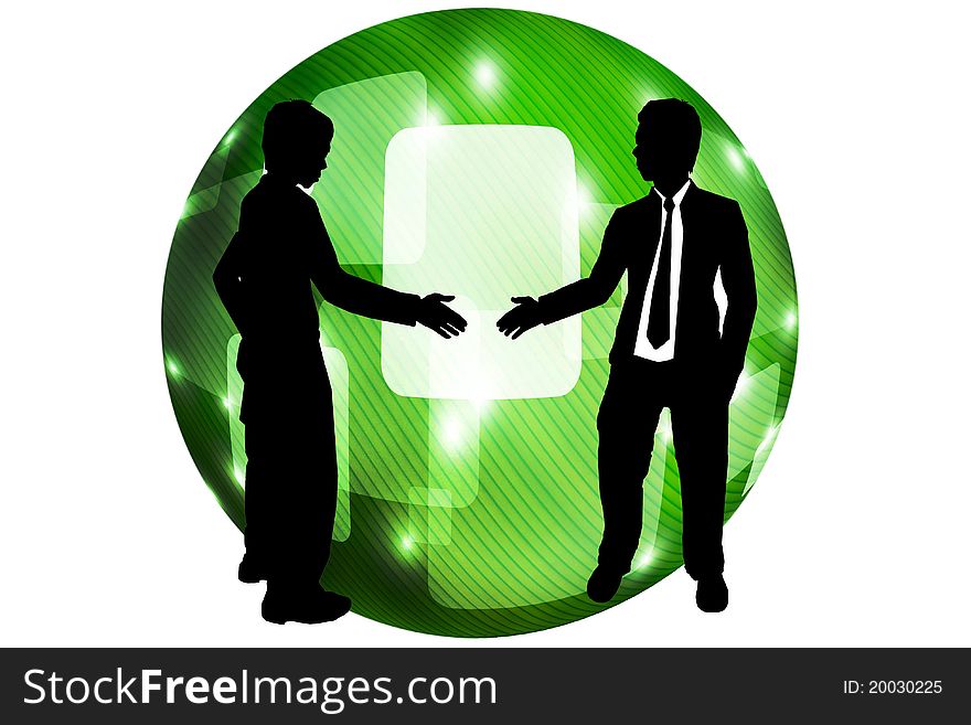 Silhouette of two business man on green ball data