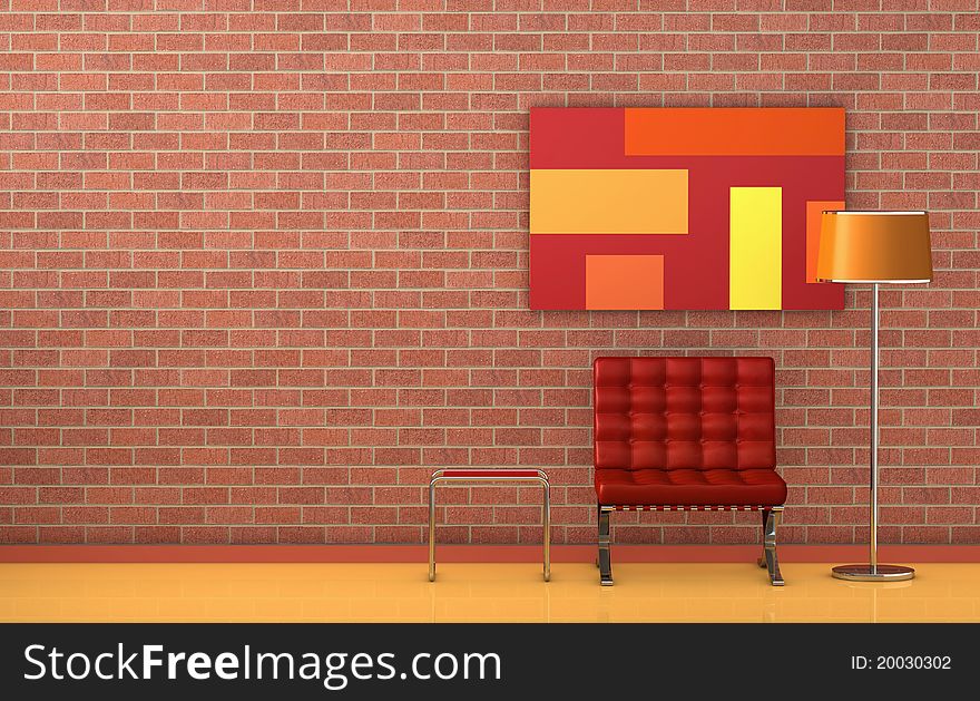 One room with the wall made with bricks. There are a lamp, a well known armchair and a table, the perfect relax corner (3d render)