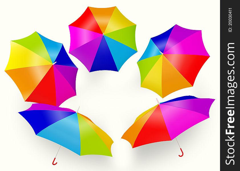 Multicolored rainbow umbrella shot from the top - isolated on white background;