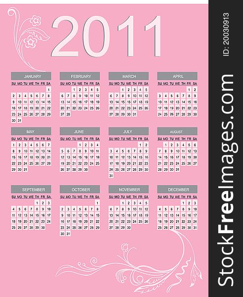 Vector illustration of 2011 calendar with pink background