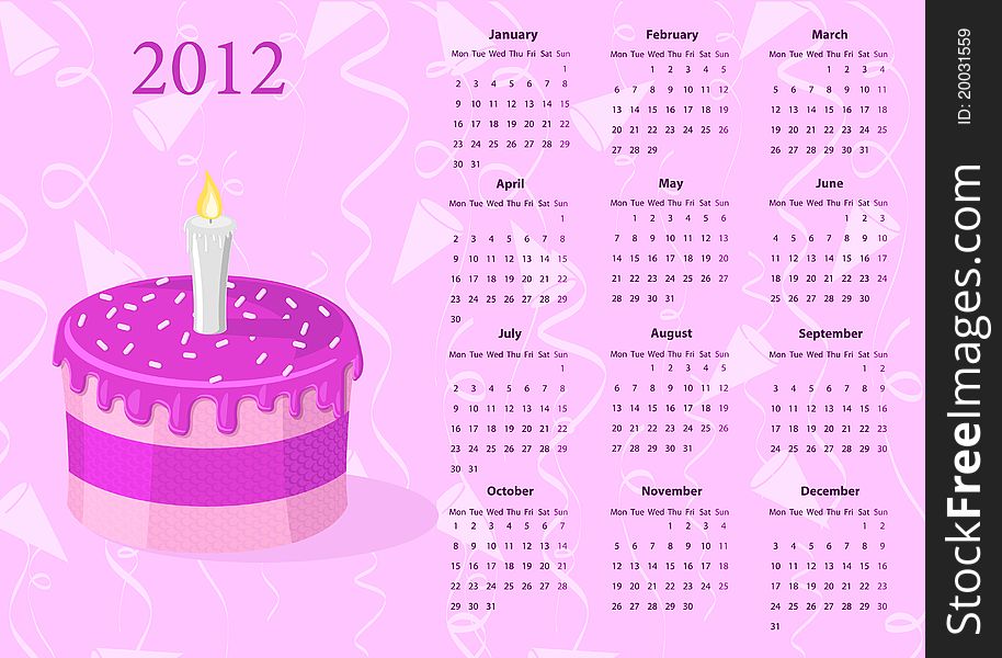 European Vector calendar 2012 with cake, starting from Mondays