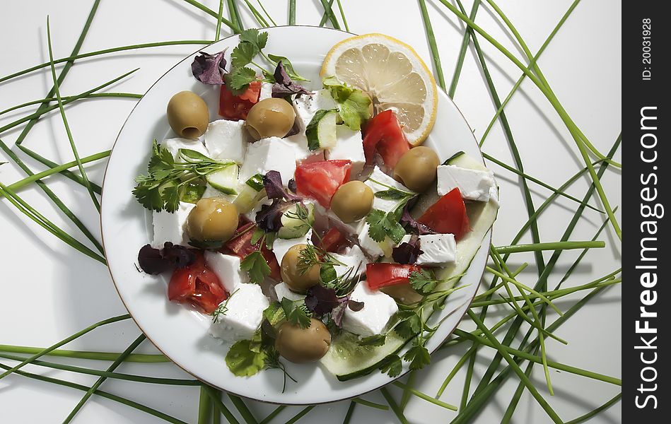 Greek salad at white plate
