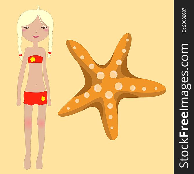 Vector Illustration of funny summer background with the little girl and starfish