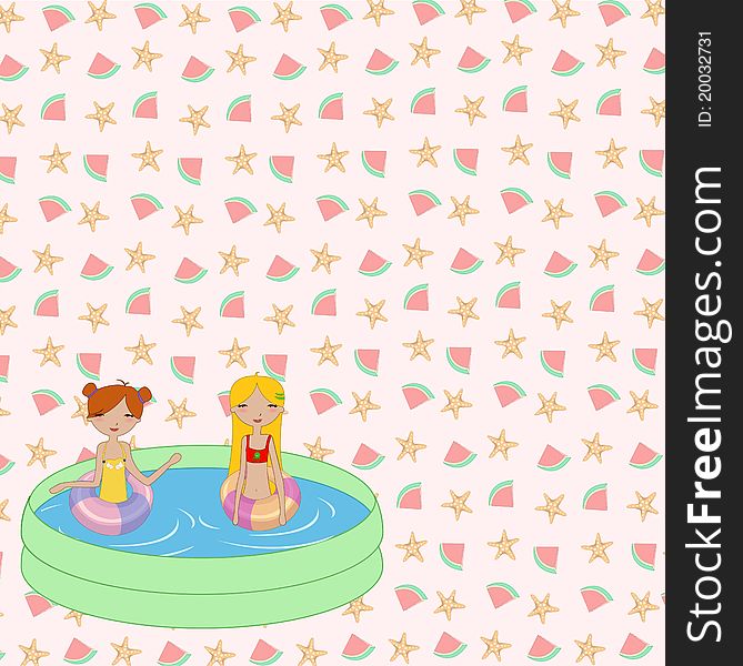 Vector Illustration of funny Kiddie style design summer background with Kids in the swimming pool