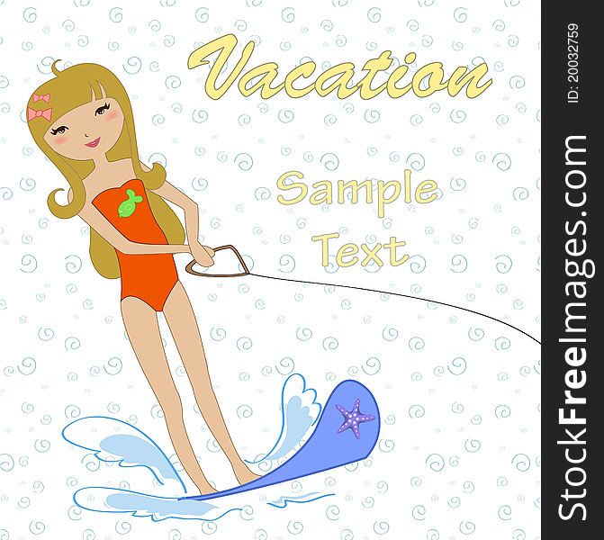 Vector Illustration of funny Kiddie style design summer background with Attractive girl water skiing