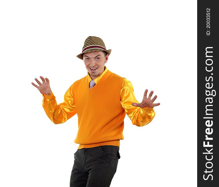 Young happy man in bright colour wear with funny expression