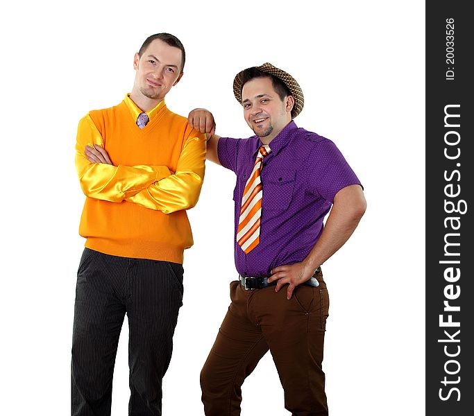 Two young man in bright colour wear in retro style