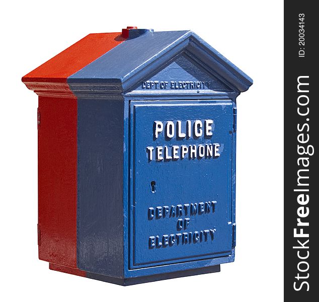 Red and blue metal Police Telephone Box isolated on white background