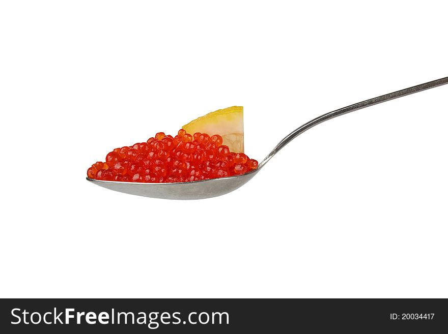 Teaspoon with red caviar isolated on white background