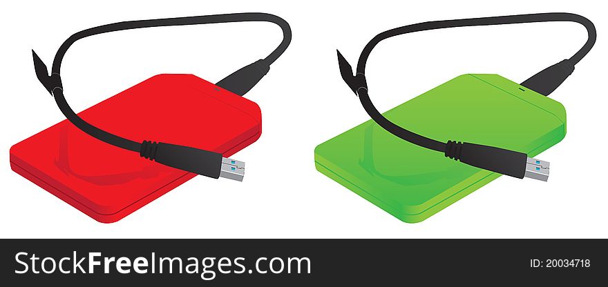 External Hard drive USB3.0. Red and green  files storage isolated on white background.