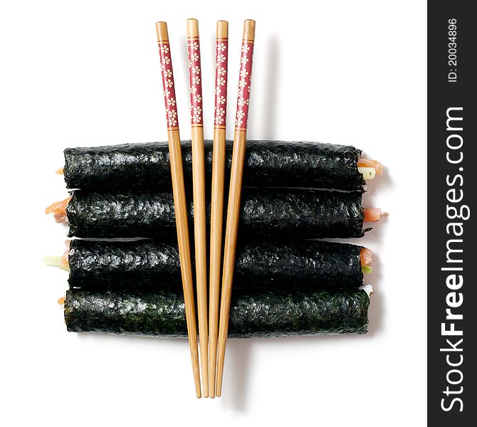 Sushi And Chopsticks On A White Background
