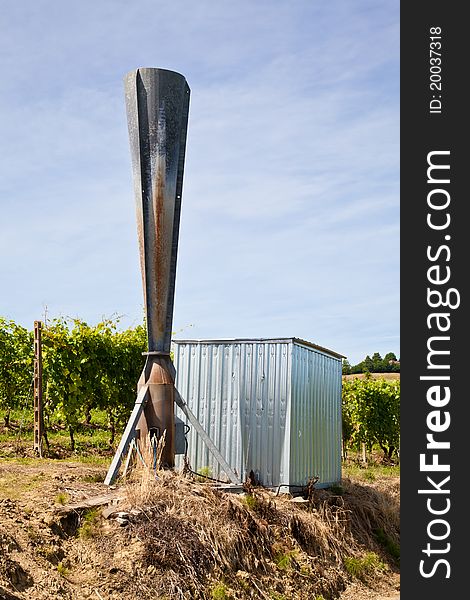 Hail cannon in Italian vineyard, Monferrato and Langhe area, Piemonte region.