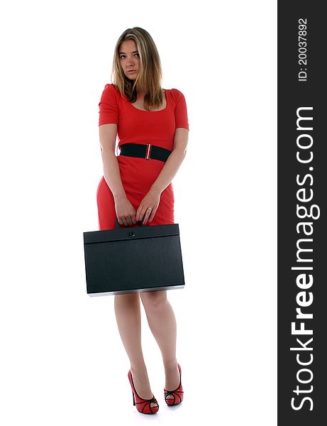 Stylish business woman in red holding holding briefcase. Stylish business woman in red holding holding briefcase