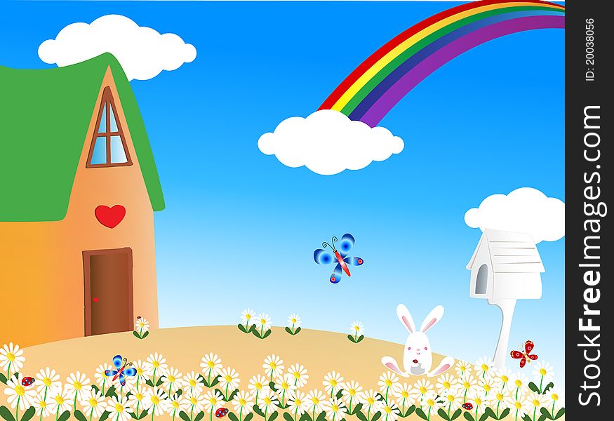 A house/cottage on a hill full of daisies on a rainbow-sunny day. A house/cottage on a hill full of daisies on a rainbow-sunny day