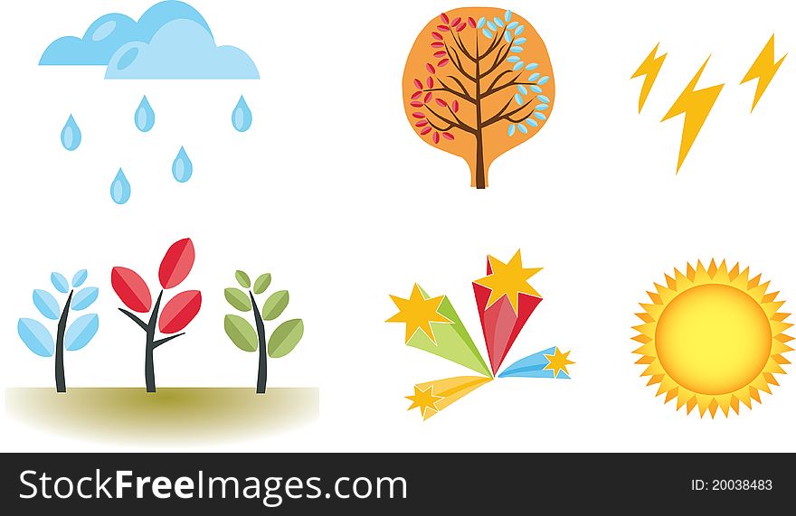 Vector nature theme including trees sun and clouds. Vector nature theme including trees sun and clouds