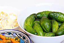 Healthy Vegetarian Snack: Cucumbers, Carrots, Peas Stock Images