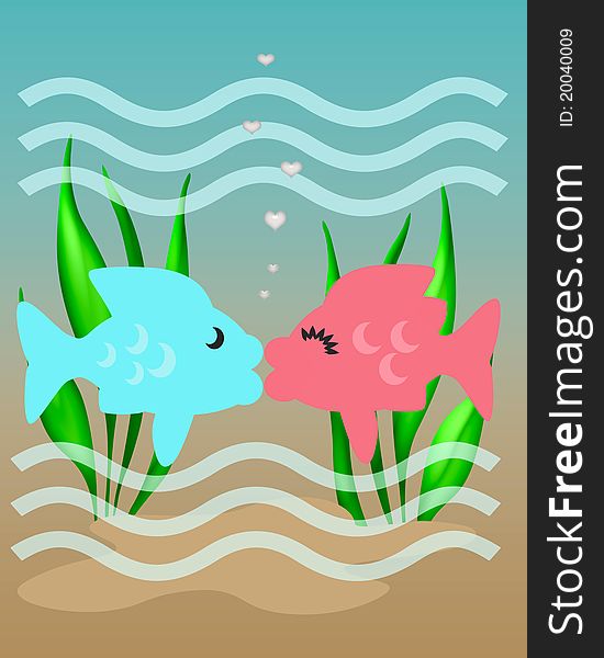 Pink and blue fish with lips kissing illustration. Pink and blue fish with lips kissing illustration