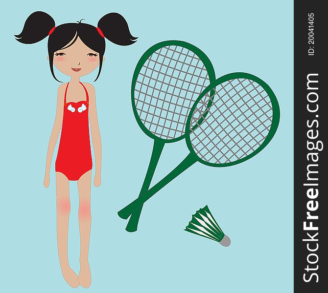 Vector Illustration of funny summer background with the little girl and badminton rackets