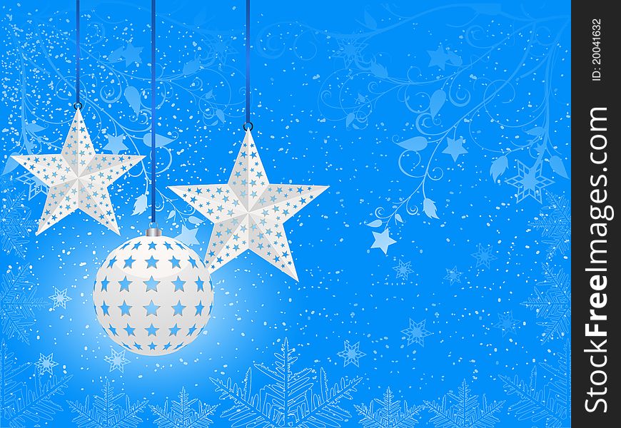 White star and round baubles on a blue background with flourishes and snowflakes. White star and round baubles on a blue background with flourishes and snowflakes