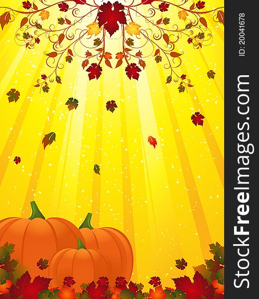 Pumpkins and autumn leaves on a golden starburst background. Pumpkins and autumn leaves on a golden starburst background