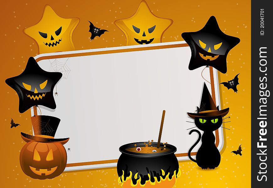 Halloween background with area for message and pumpkin, black cat, cauldron, bats and balloons. Halloween background with area for message and pumpkin, black cat, cauldron, bats and balloons