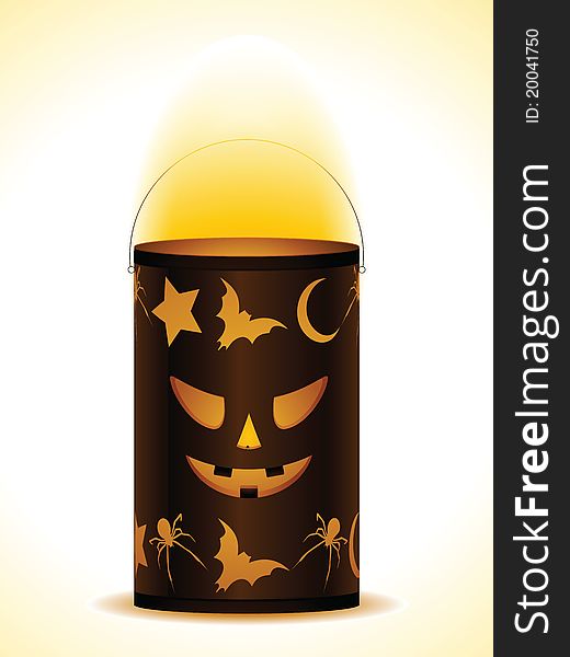 Glowing halloween lantern with scary face on a white background