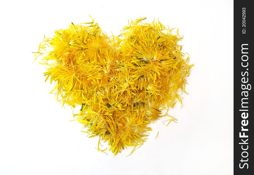 Heart from yellow petals on a white background. Heart from yellow petals on a white background