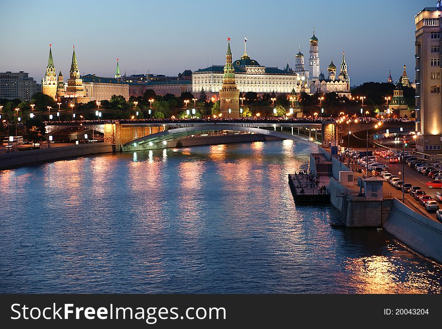 Russia, Moscow, night view of the Moskva River, Bridge and the Kremlin