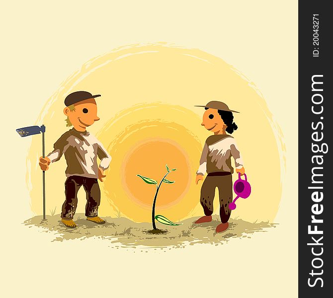 Environmental - illustration of two kids planting a tree.