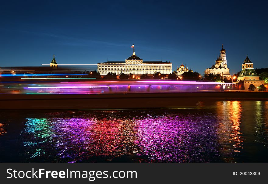 Night view of the Moskva River and Kremlin, Russia, Moscow. Night view of the Moskva River and Kremlin, Russia, Moscow