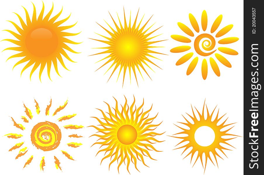 Six different suns isolated on the white background