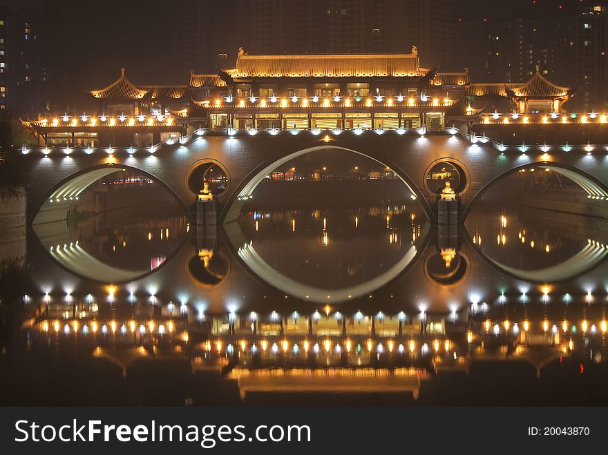 Ancient Chinese Bridge Sparkling At Night