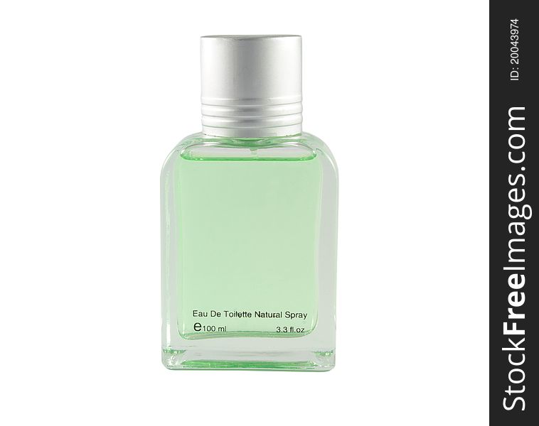 Green perfume bottle over white