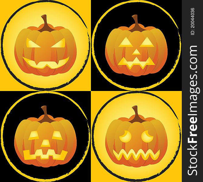 Pumpkins with different facial expressions on bright orange and black background with circular borders. Pumpkins with different facial expressions on bright orange and black background with circular borders