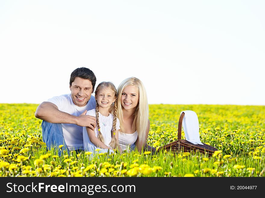 Happy young family in the dandelion field. Happy young family in the dandelion field